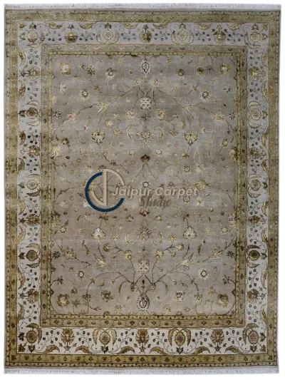 Majestic Allure - Hand-Knotted Silk Rug with Embossed Carvings in Antique Beige