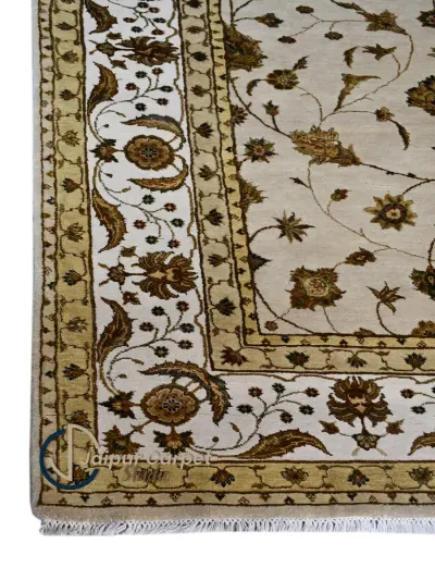 Majestic Allure - Hand-Knotted Silk Rug with Embossed Carvings in Antique Beige