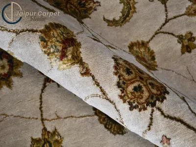 Majestic Allure - Hand-Knotted Silk Rug with Embossed Carvings in Antique Beige