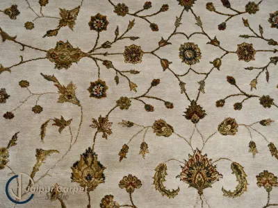 Majestic Allure - Hand-Knotted Silk Rug with Embossed Carvings in Antique Beige